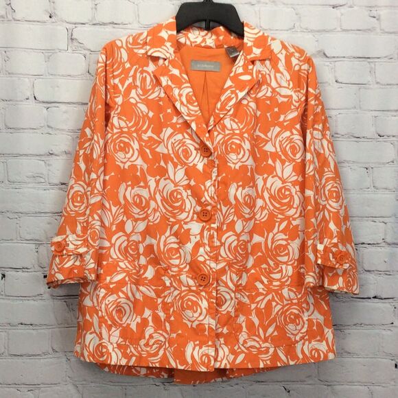 Liz Claiborne Jacket Women's Size M Orange/White Rose Swirl Print Button Pockets - Picture 1 of 12